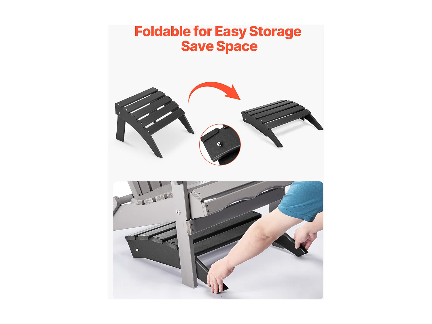 Pouf de Jardin, SucceBuy Pouf Adirondack Pliable en Plastique HDPE 47 x 49 x 33 cm, Repose-pieds Résistant aux Intempéries pour Chaise Adirondack, Noir