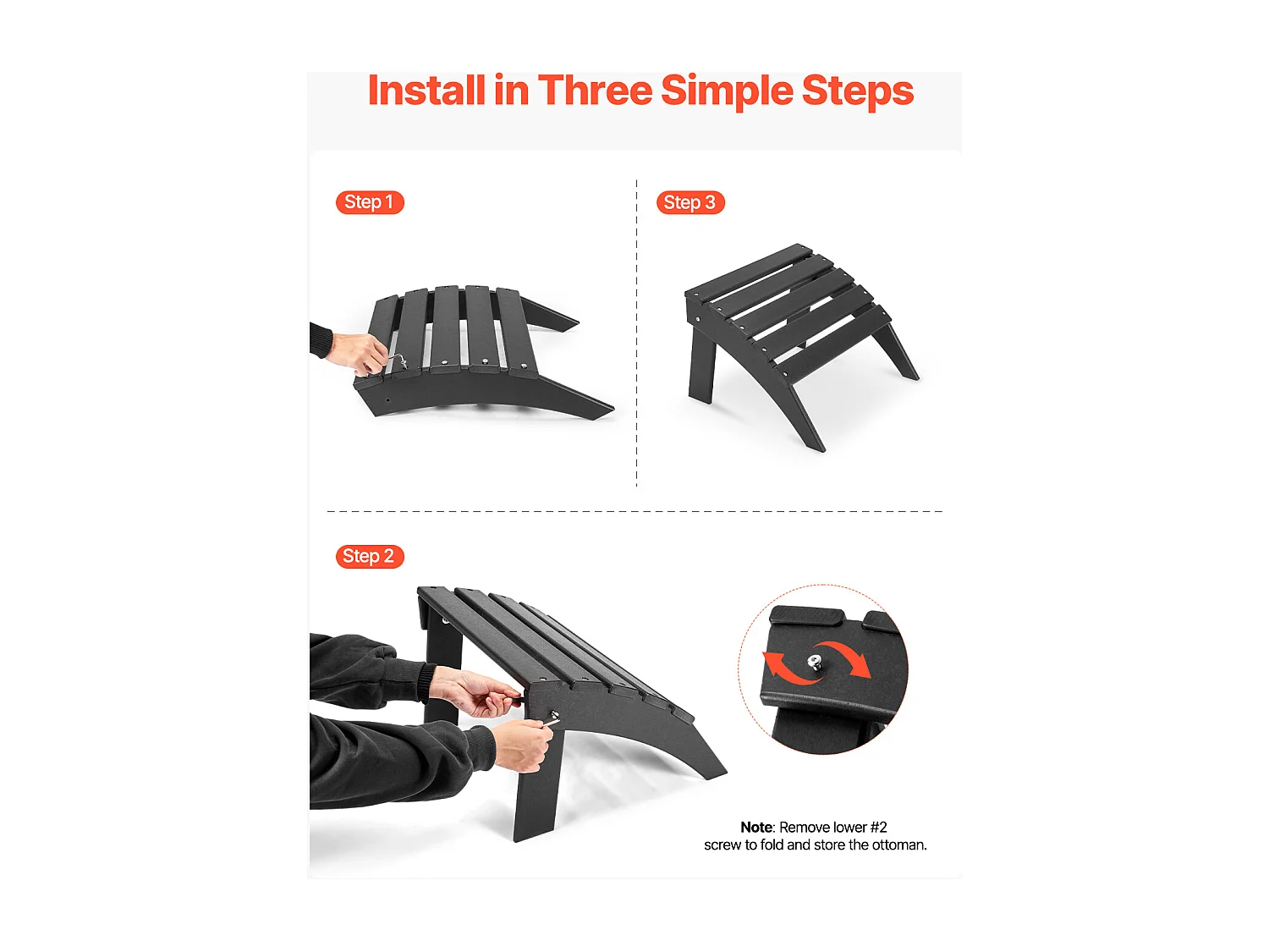 Pouf de Jardin, SucceBuy Pouf Adirondack Pliable en Plastique HDPE 47 x 49 x 33 cm, Repose-pieds Résistant aux Intempéries pour Chaise Adirondack, Noir