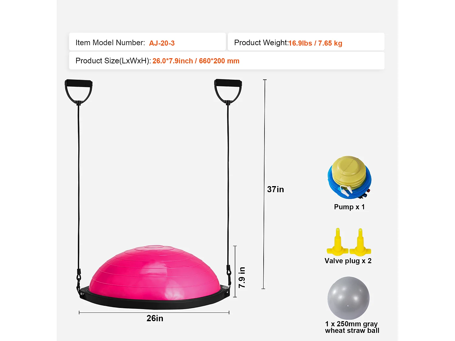 Ballons d'Exercice SucceBuy, Demi-Ballon d'Exercice d'Entraînement, 66 cm, Capacité de 680 kg, avec Bandes de Résistance et Pompe à Pied, Rose