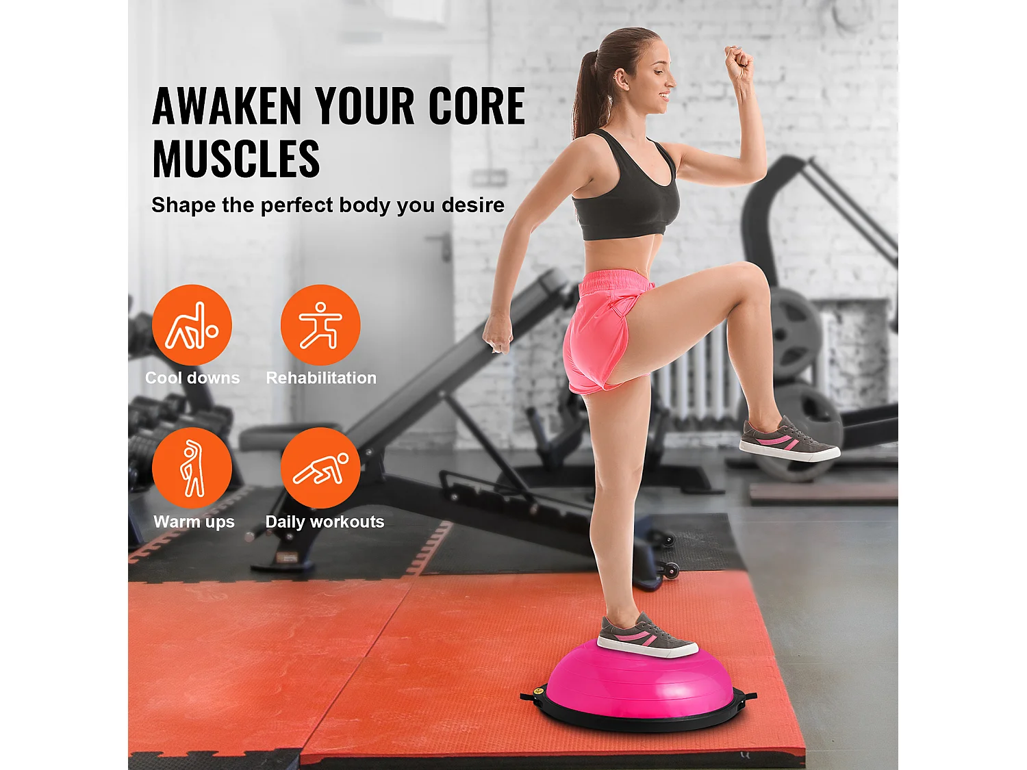 Ballons d'Exercice SucceBuy, Demi-Ballon d'Exercice d'Entraînement, 66 cm, Capacité de 680 kg, avec Bandes de Résistance et Pompe à Pied, Rose