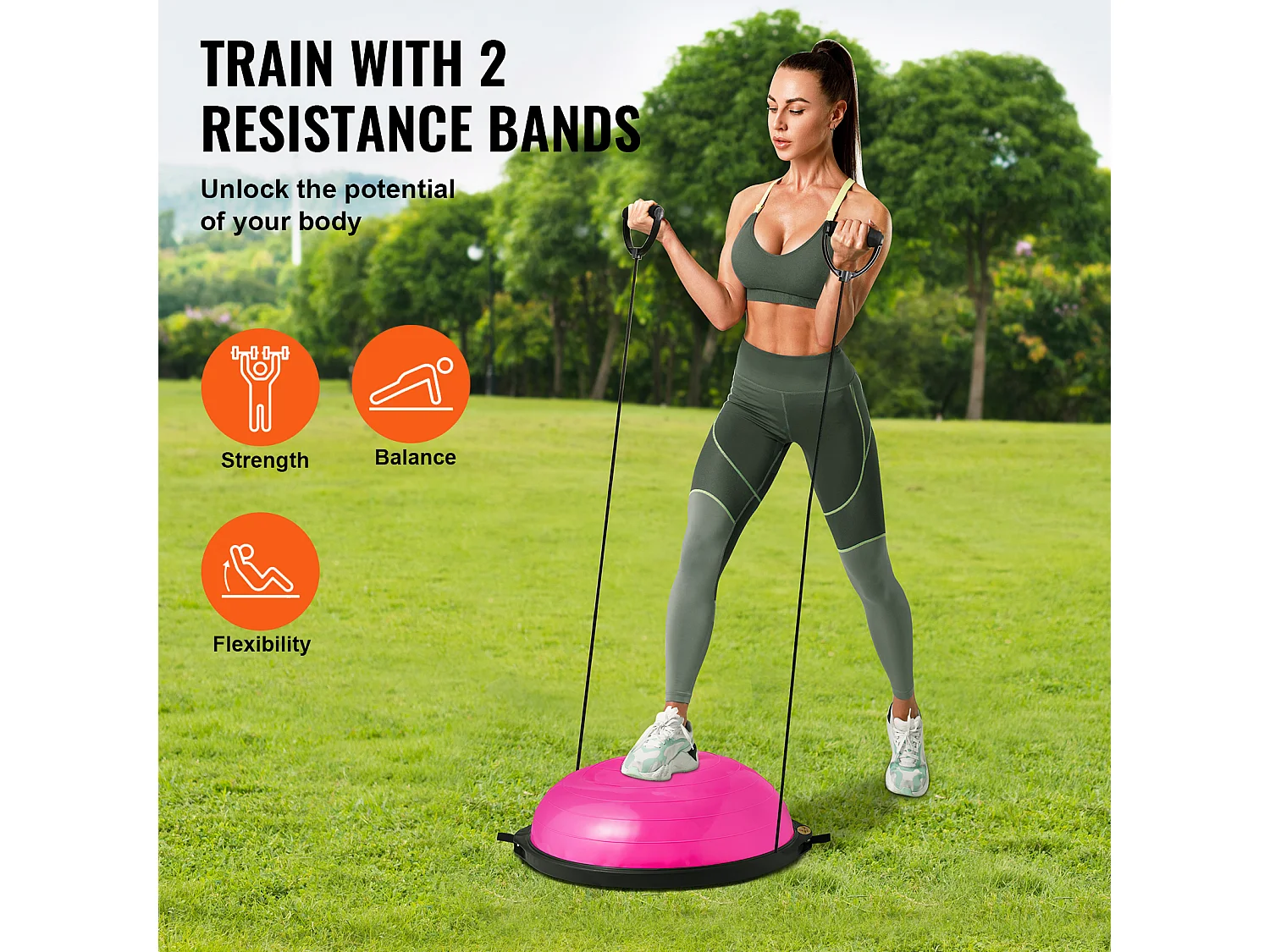 Ballons d'Exercice SucceBuy, Demi-Ballon d'Exercice d'Entraînement, 66 cm, Capacité de 680 kg, avec Bandes de Résistance et Pompe à Pied, Rose