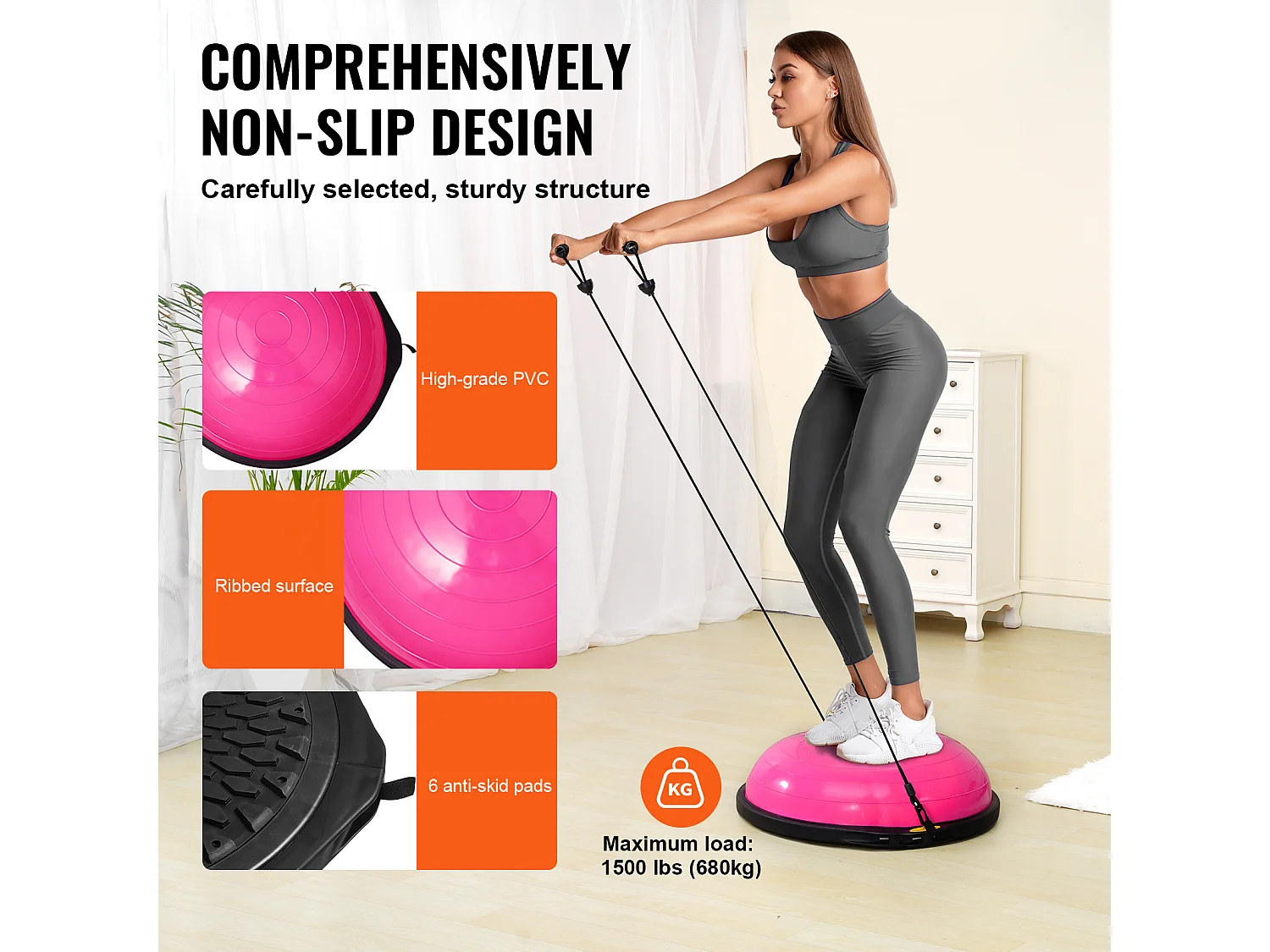 Ballons d'Exercice SucceBuy, Demi-Ballon d'Exercice d'Entraînement, 66 cm, Capacité de 680 kg, avec Bandes de Résistance et Pompe à Pied, Rose