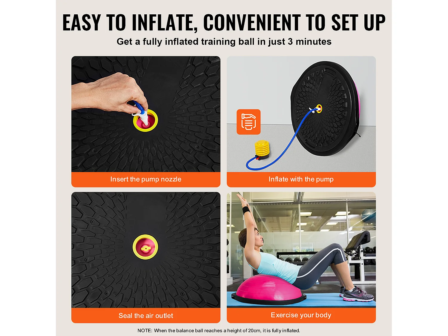 Ballons d'Exercice SucceBuy, Demi-Ballon d'Exercice d'Entraînement, 66 cm, Capacité de 680 kg, avec Bandes de Résistance et Pompe à Pied, Rose