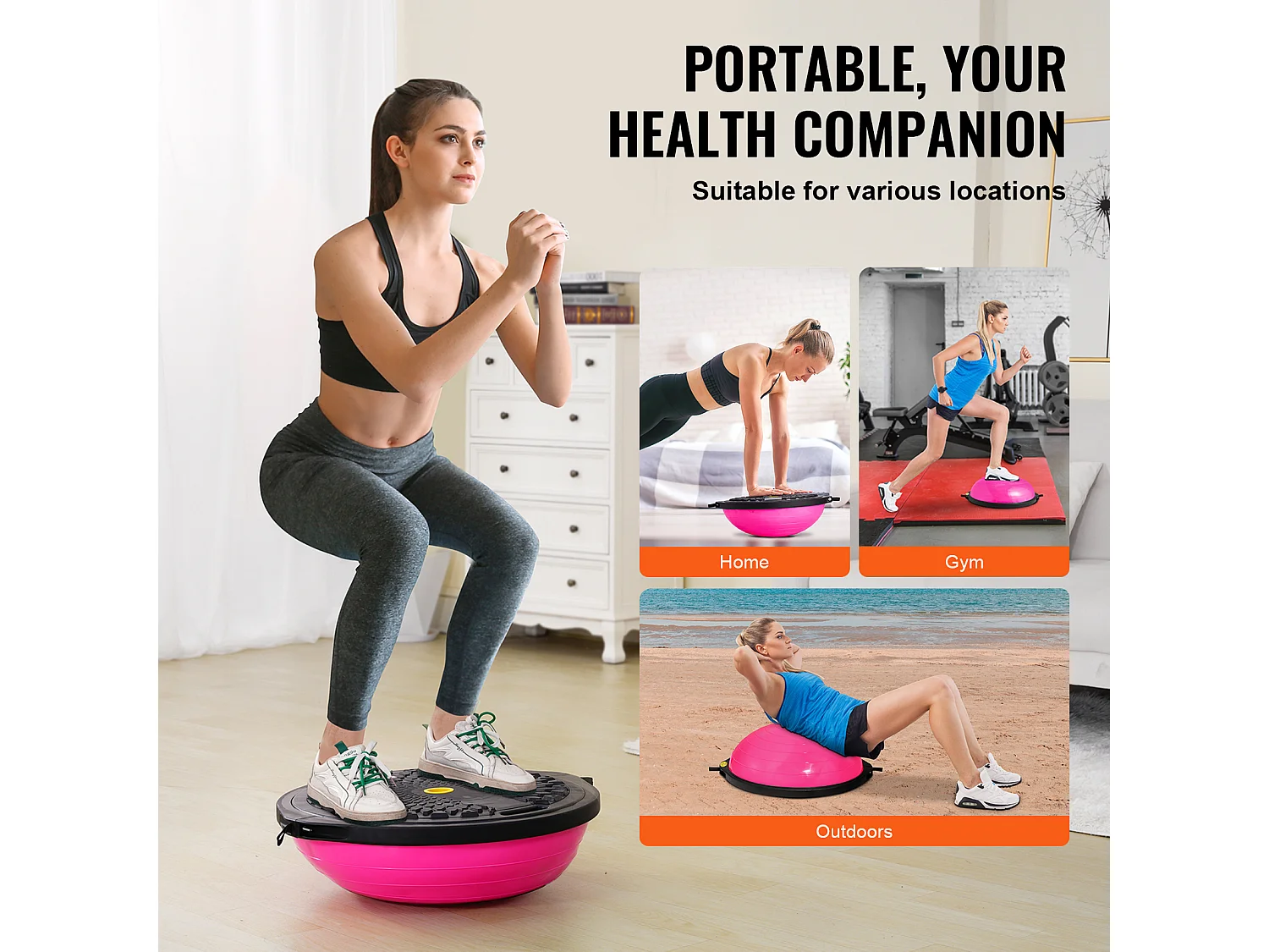 Ballons d'Exercice SucceBuy, Demi-Ballon d'Exercice d'Entraînement, 66 cm, Capacité de 680 kg, avec Bandes de Résistance et Pompe à Pied, Rose