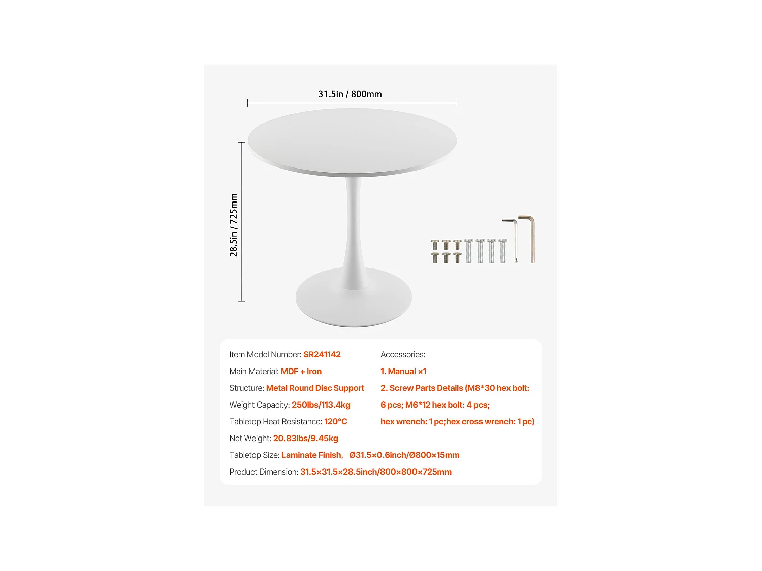 Mesa de Conjunto SucceBuy Mesa de Jantar Redonda em Madeira de 80 cm para 2 a 4 Pessoas (Só Mesa)