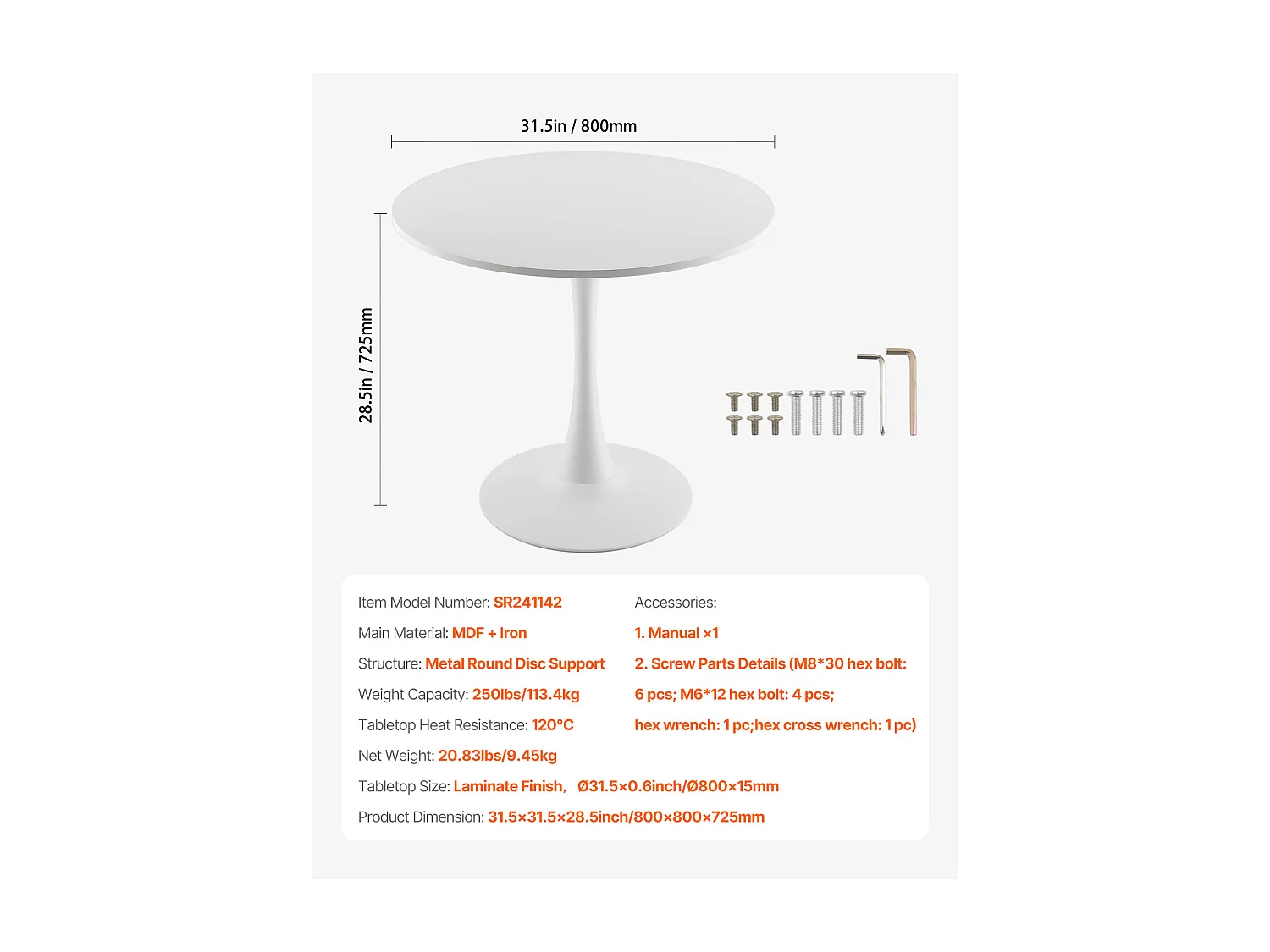Mesa de Conjunto SucceBuy Mesa de Jantar Redonda em Madeira de 80 cm para 2 a 4 Pessoas (Só Mesa)