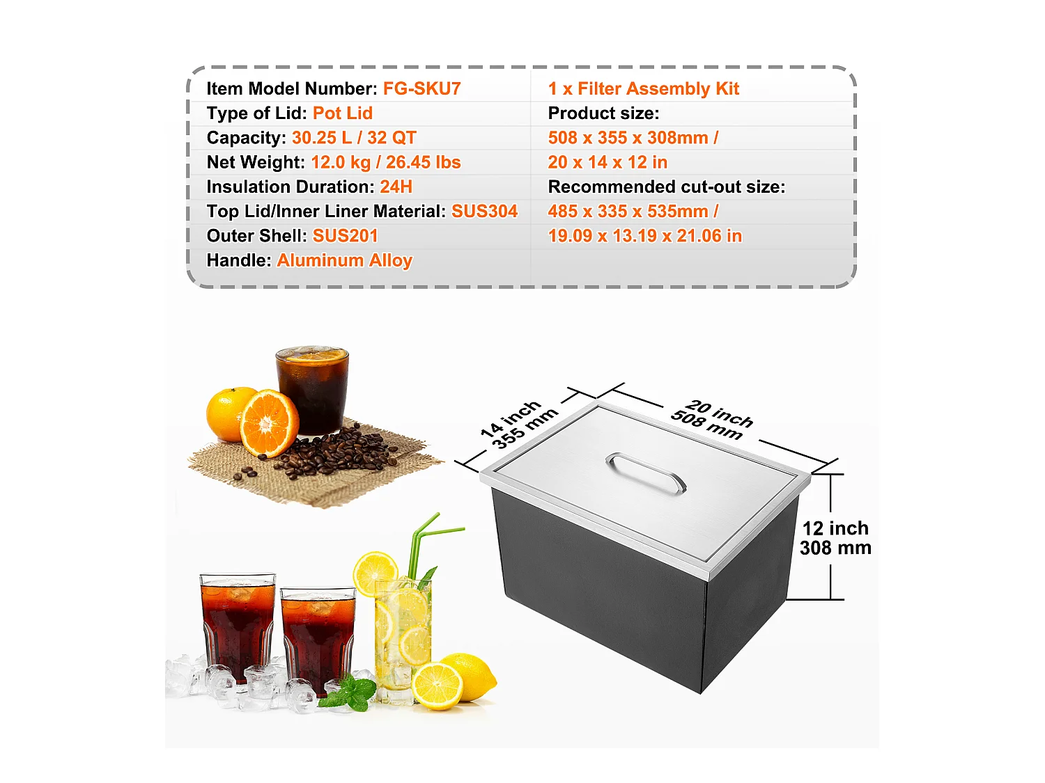 Glacière à Encastrer SucceBuy, 51 x 35 x 30 cm, Bac à Glaçons en Acier Inoxydable avec Couvercle, Bar à Glace de Cuisine Extérieure