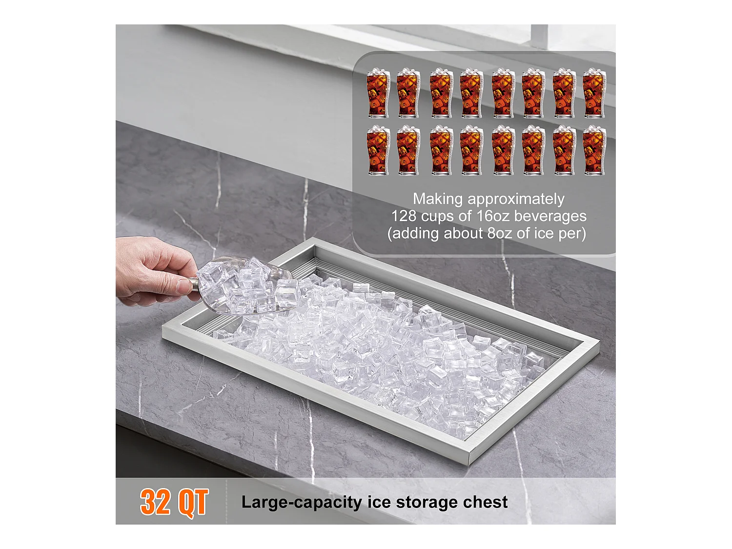 Glacière à Encastrer SucceBuy, 51 x 35 x 30 cm, Bac à Glaçons en Acier Inoxydable avec Couvercle, Bar à Glace de Cuisine Extérieure