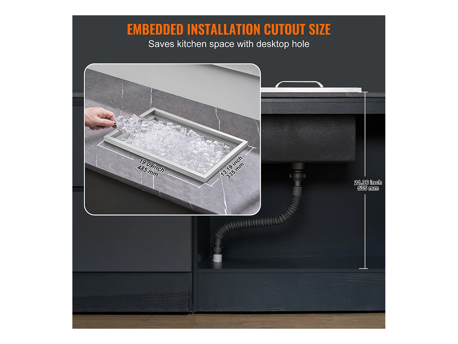 Glacière à Encastrer SucceBuy, 51 x 35 x 30 cm, Bac à Glaçons en Acier Inoxydable avec Couvercle, Bar à Glace de Cuisine Extérieure