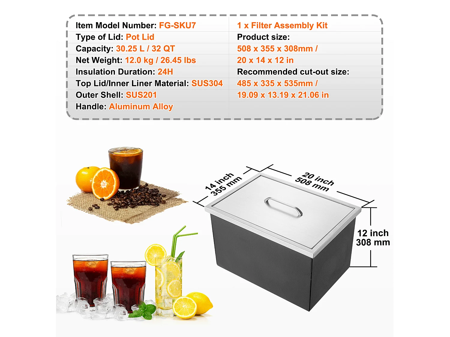 Glacière à Encastrer SucceBuy, 51 x 35 x 30 cm, Bac à Glaçons en Acier Inoxydable avec Couvercle, Bar à Glace de Cuisine Extérieure