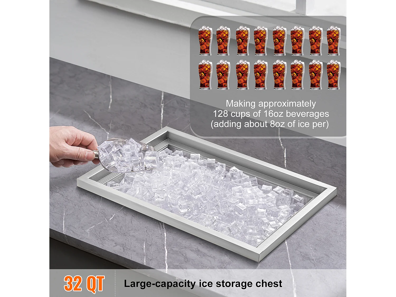 Glacière à Encastrer SucceBuy, 51 x 35 x 30 cm, Bac à Glaçons en Acier Inoxydable avec Couvercle, Bar à Glace de Cuisine Extérieure