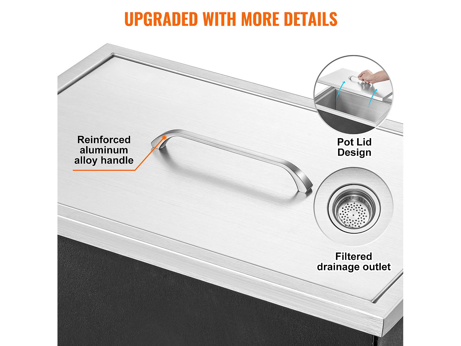 Glacière à Encastrer SucceBuy, 51 x 35 x 30 cm, Bac à Glaçons en Acier Inoxydable avec Couvercle, Bar à Glace de Cuisine Extérieure