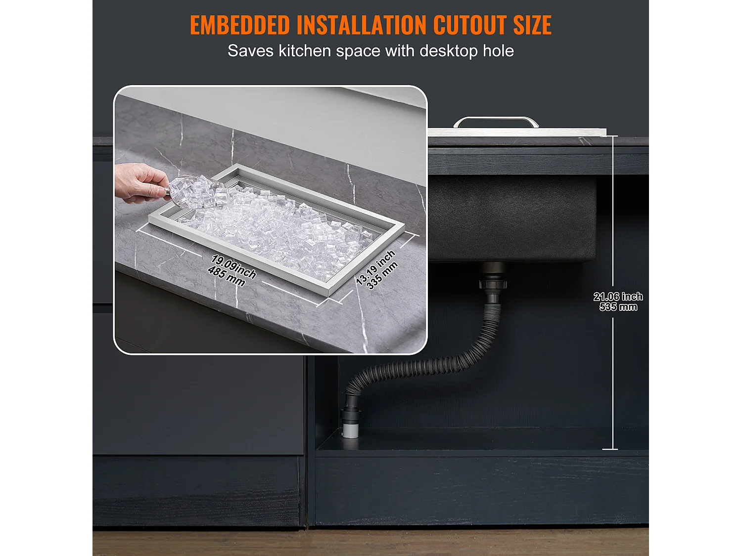 Glacière à Encastrer SucceBuy, 51 x 35 x 30 cm, Bac à Glaçons en Acier Inoxydable avec Couvercle, Bar à Glace de Cuisine Extérieure