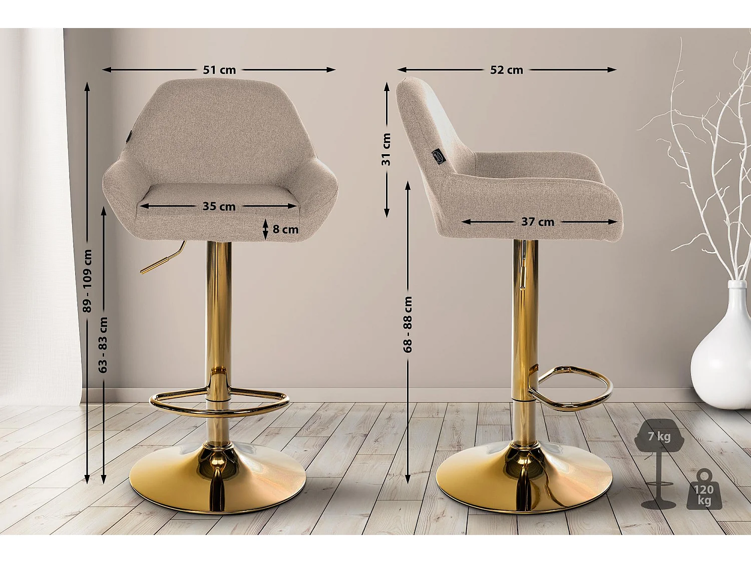 "2er Set Barhocker Braga Gold Stoff"