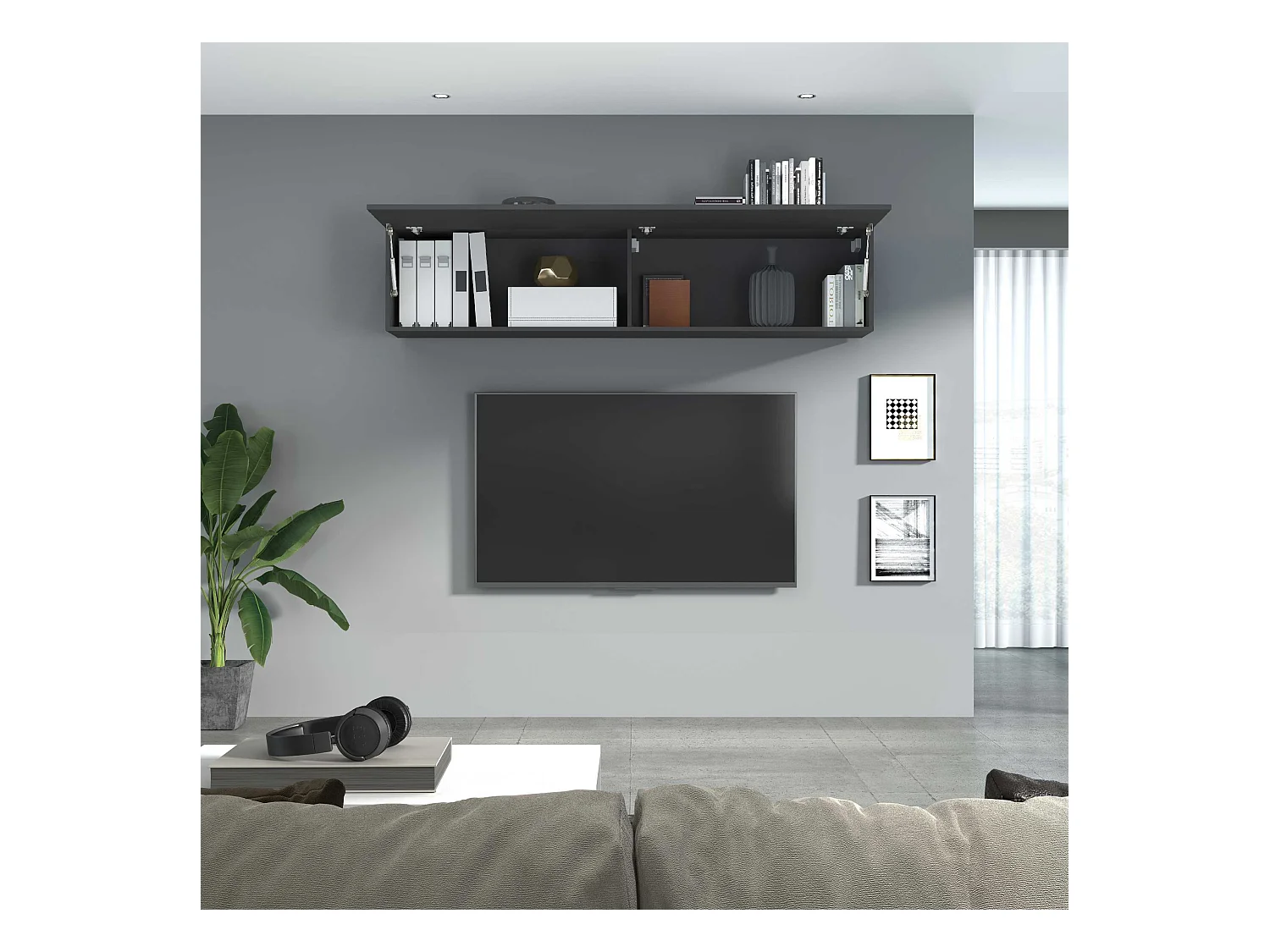 Placard suspendu de salon 2 compartiments porte à rabat gris Note Up