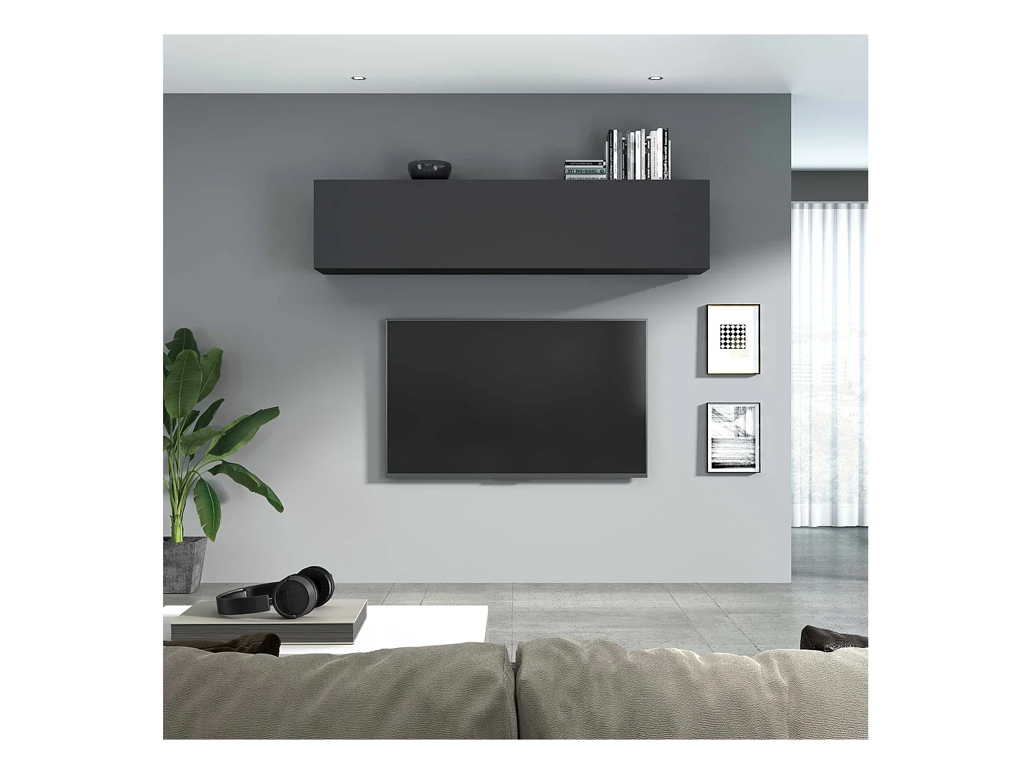 Mueble colgante salón 180cm con 2 compartimentos puerta abatible gris Nota Arriba