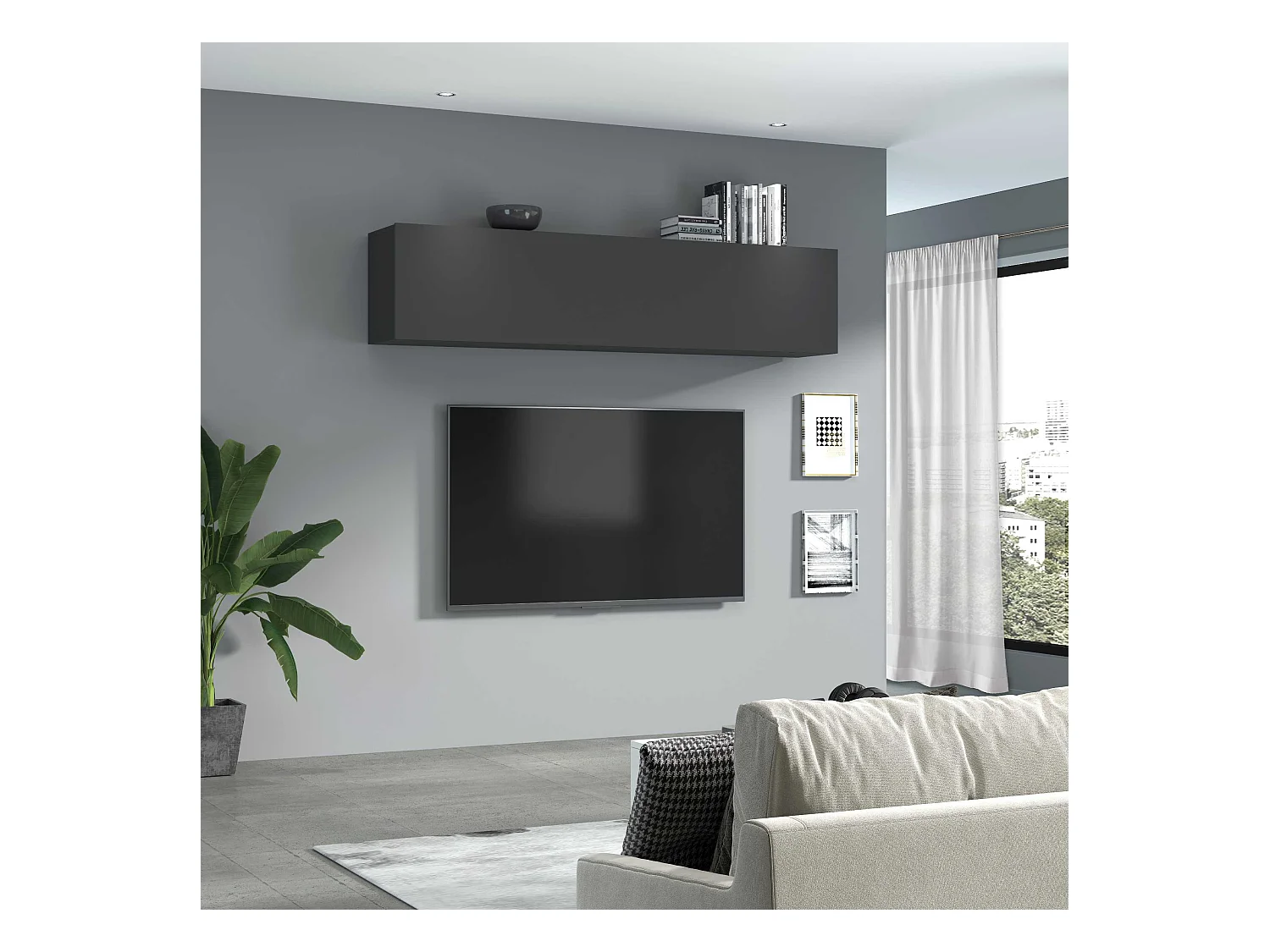 Mueble colgante salón 180cm con 2 compartimentos puerta abatible gris Nota Arriba