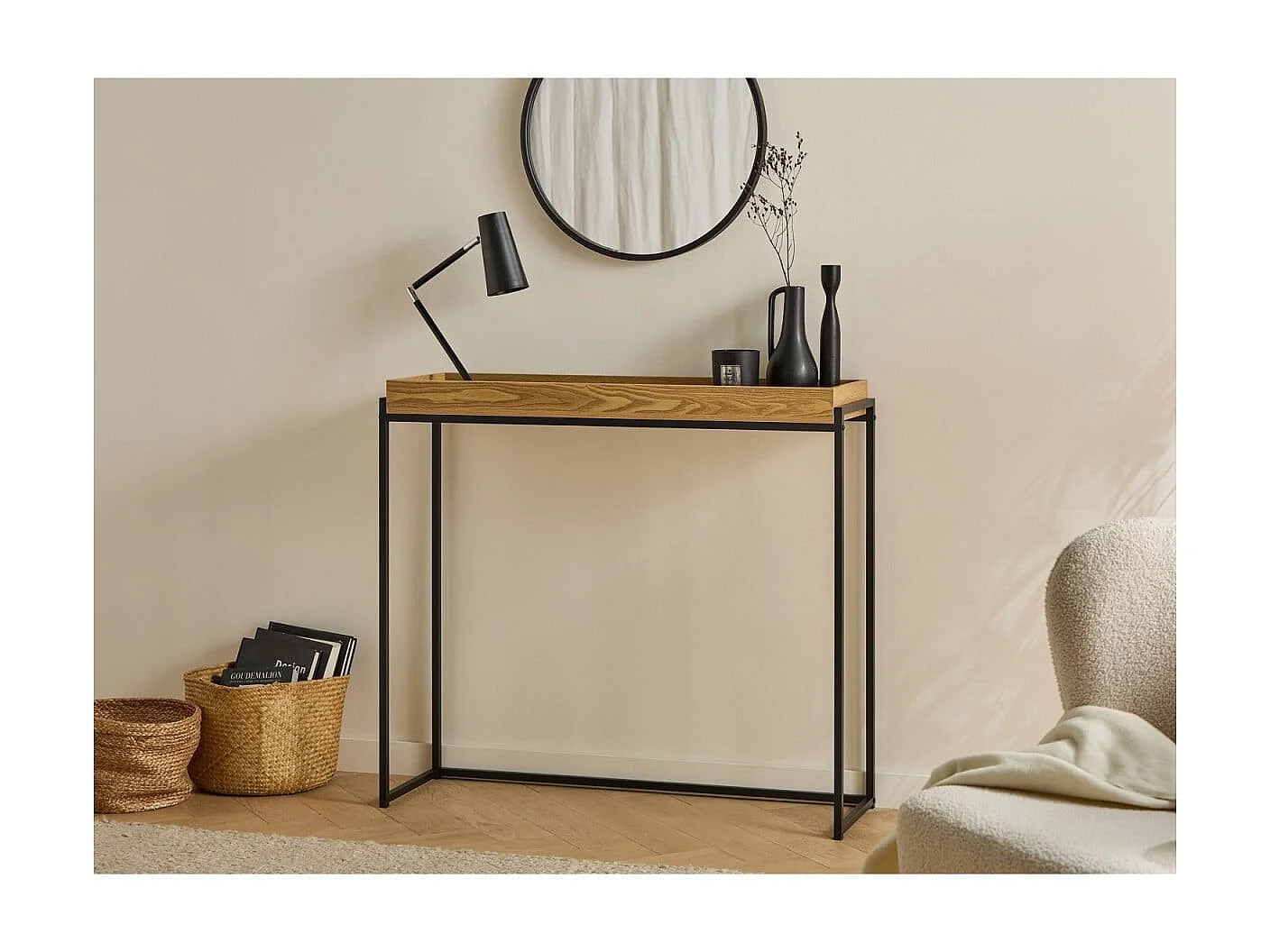 Console com tabuleiro com bordas e pés em metal preto L100 cm - JESSIE