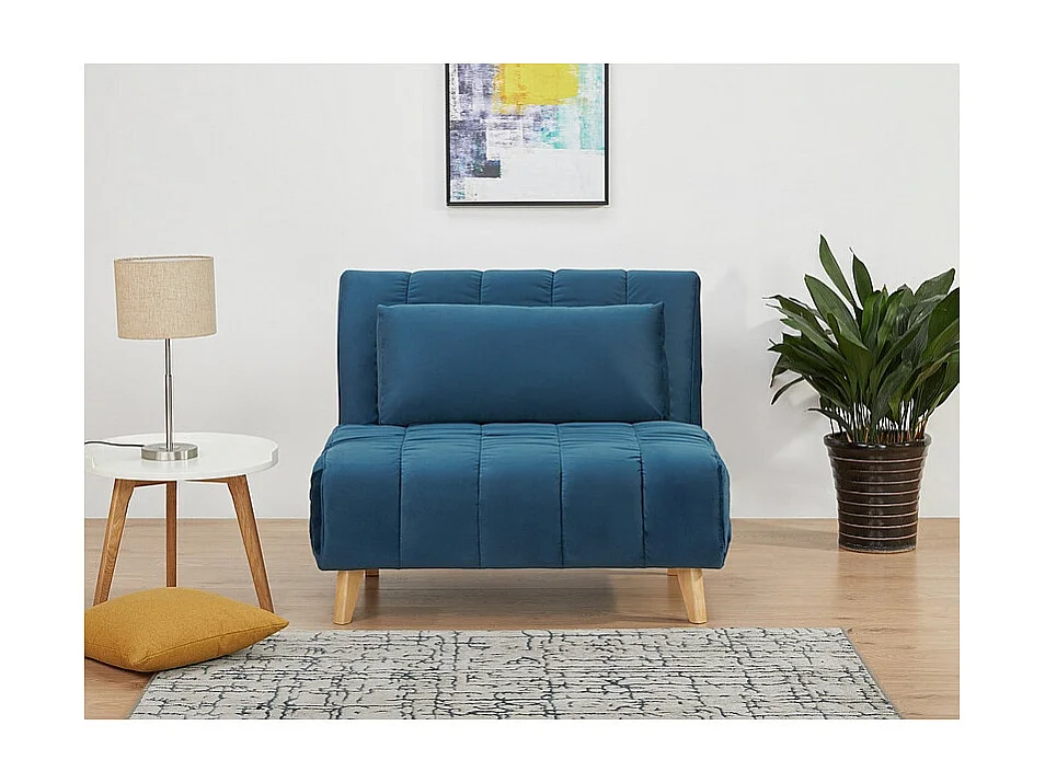 Fauteuil convertible en couchage en tissu - Pieds en bois beige - Bleu - L 191 cm x l 103 cm