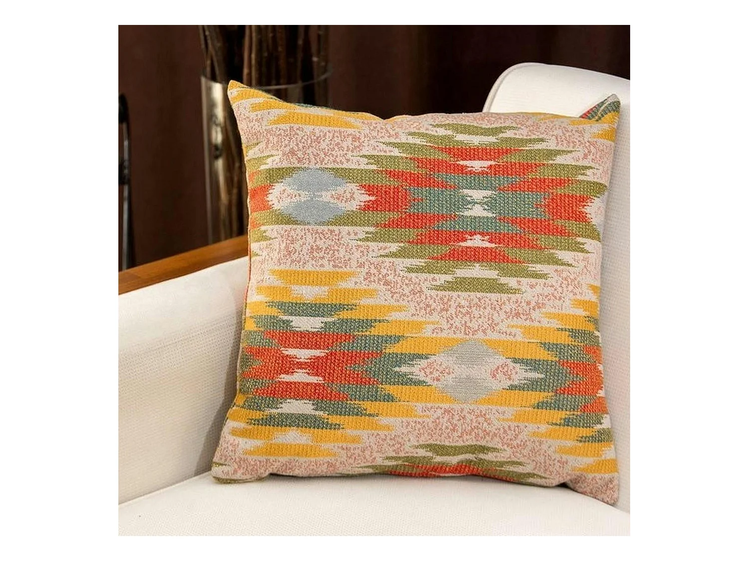 Coussin bohème multicolore – motif kilim, fond beige IZMIR