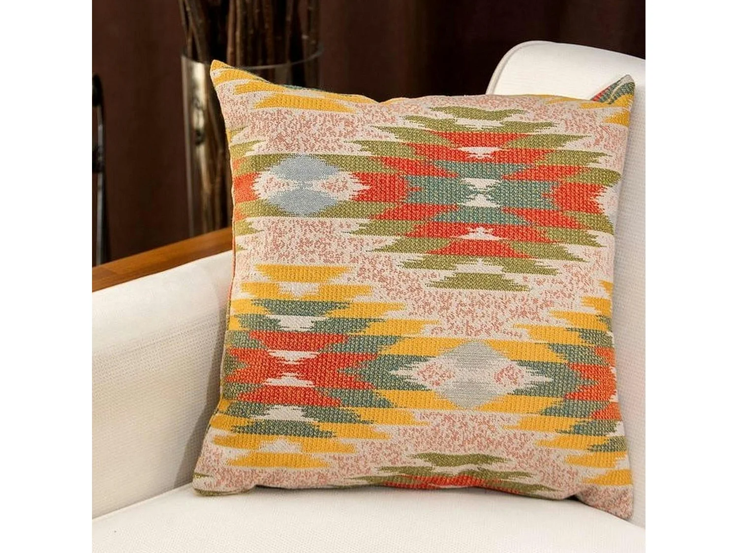 Coussin bohème multicolore – motif kilim, fond beige IZMIR
