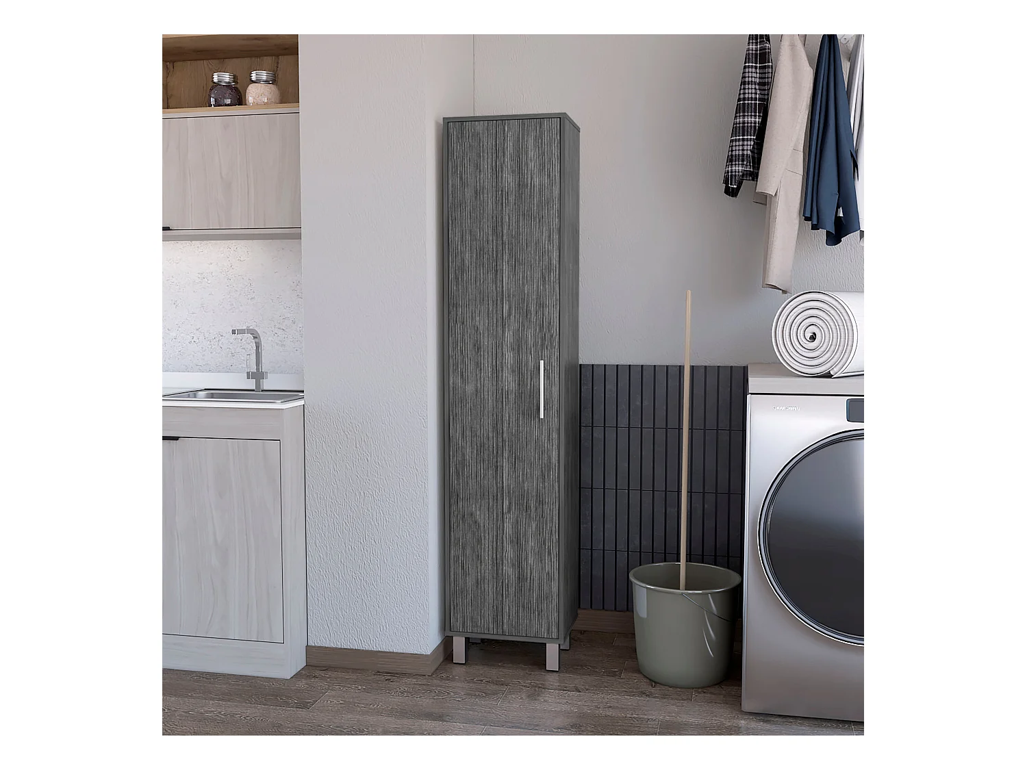 TUHOME Armoire Haute de Rangement Lawen, Une Porte, 3 Crochets à Balais, Chêne Fumé