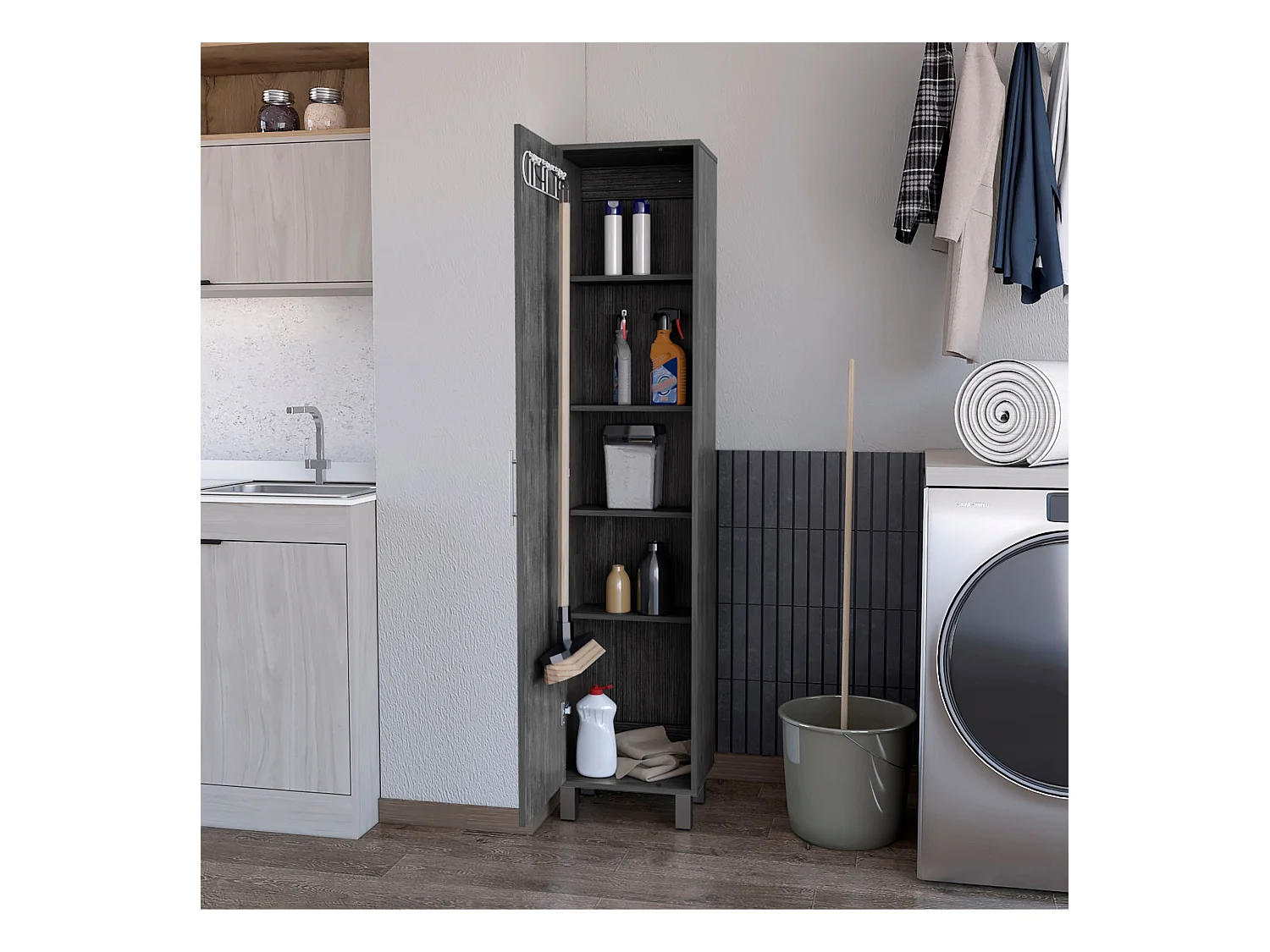 TUHOME Armoire Haute de Rangement Lawen, Une Porte, 3 Crochets à Balais, Chêne Fumé