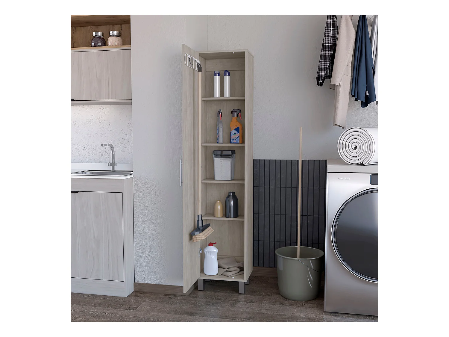 TUHOME Armoire Haute de Rangement Lawen, Une Porte, 3 Crochets à Balais