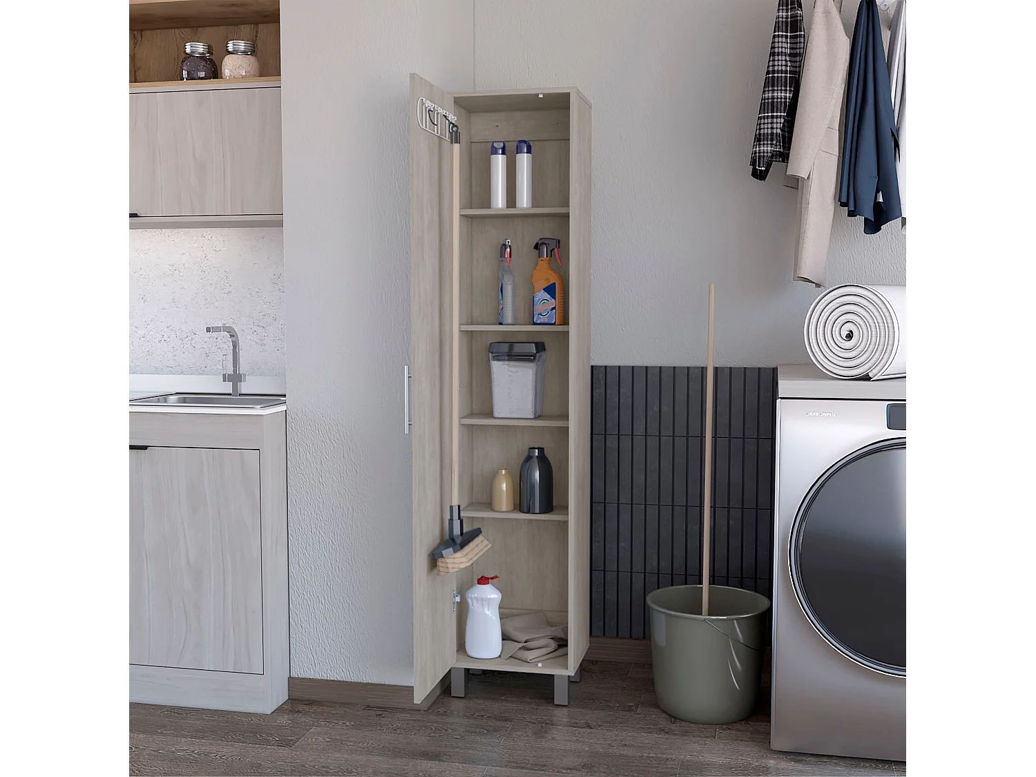 TUHOME Armoire Haute de Rangement Lawen, Une Porte, 3 Crochets à Balais