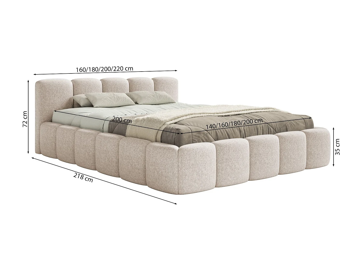 Lit rembourré – 200x200 cm – beige clair – chenille hydrophobe - CLOUDY LOW