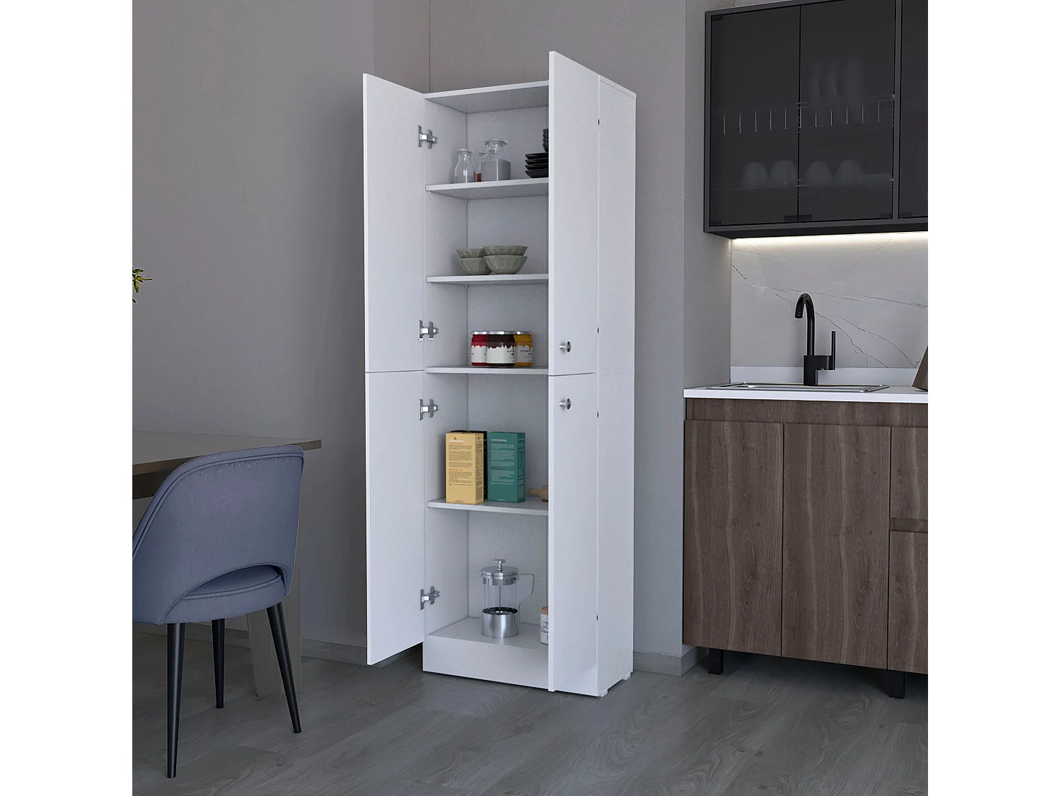 TUHOME Armário Despensa Cameron com 4 Portas e 5 Prateleiras Ocultas, Branco