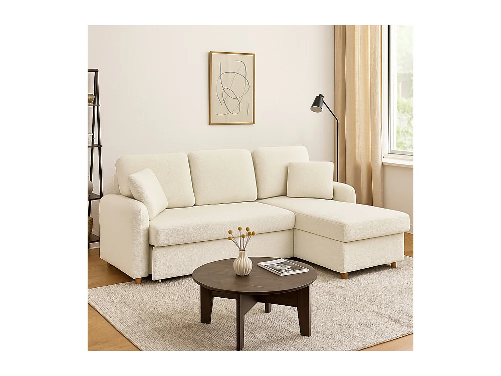 Matera - Canapé d'angle réversible convertible 3 places en tissu bouclette avec coffre - Blanc