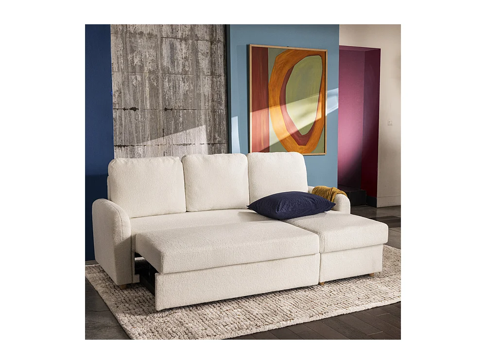 Matera - Canapé d'angle réversible convertible 3 places en tissu bouclette avec coffre - Blanc