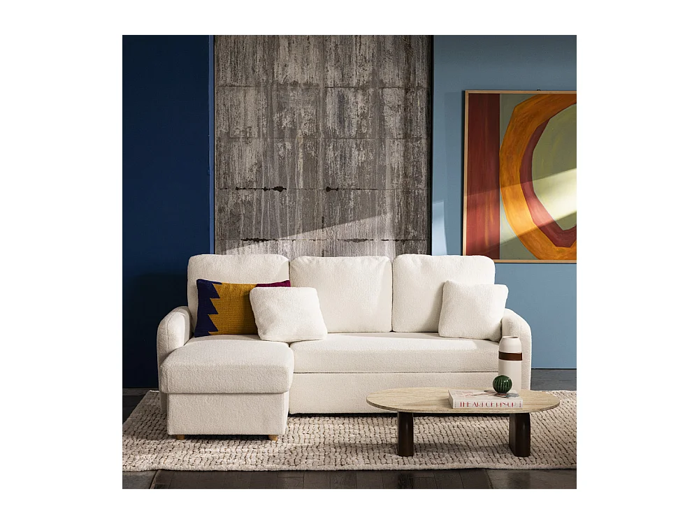 Matera - Canapé d'angle réversible convertible 3 places en tissu bouclette avec coffre - Blanc