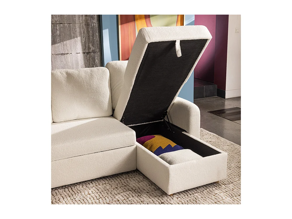 Matera - Canapé d'angle réversible convertible 3 places en tissu bouclette avec coffre - Blanc