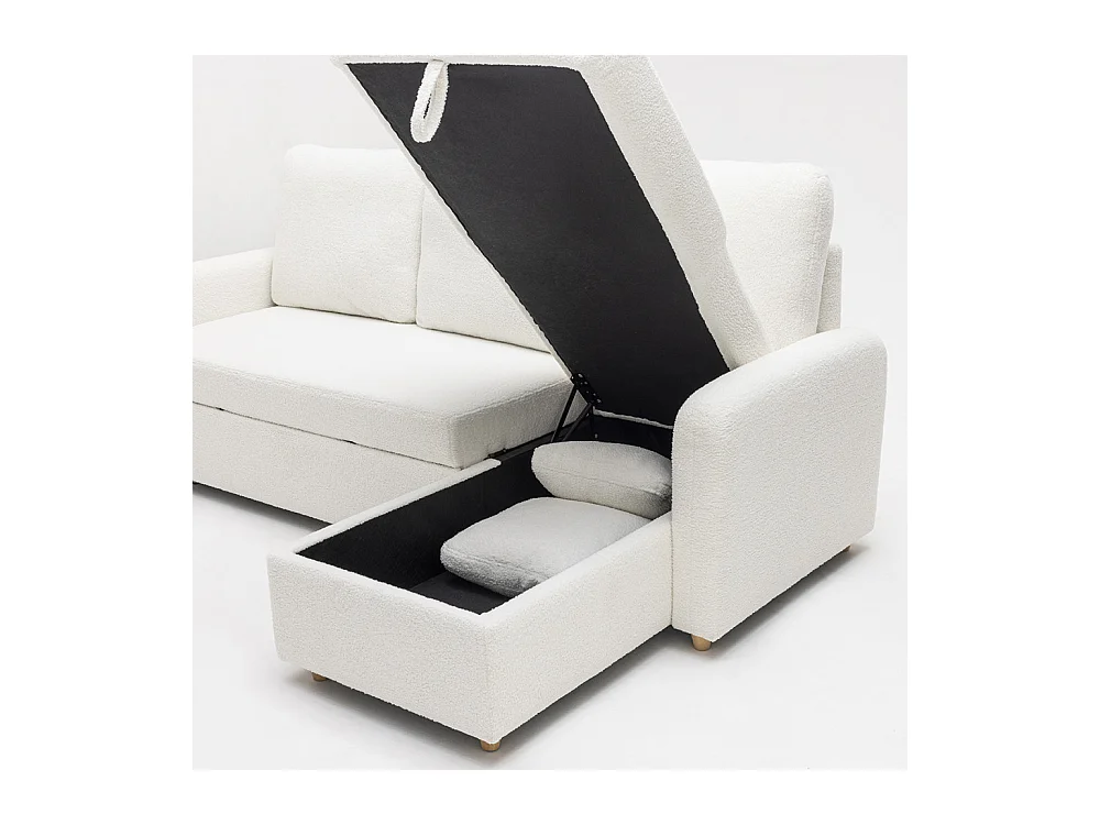 Matera - Canapé d'angle réversible convertible 3 places en tissu bouclette avec coffre - Blanc
