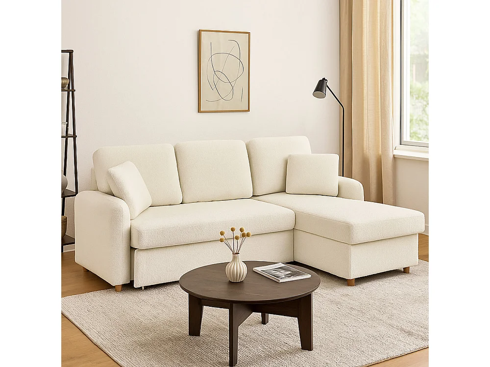 Matera - Canapé d'angle réversible convertible 3 places en tissu bouclette avec coffre - Blanc