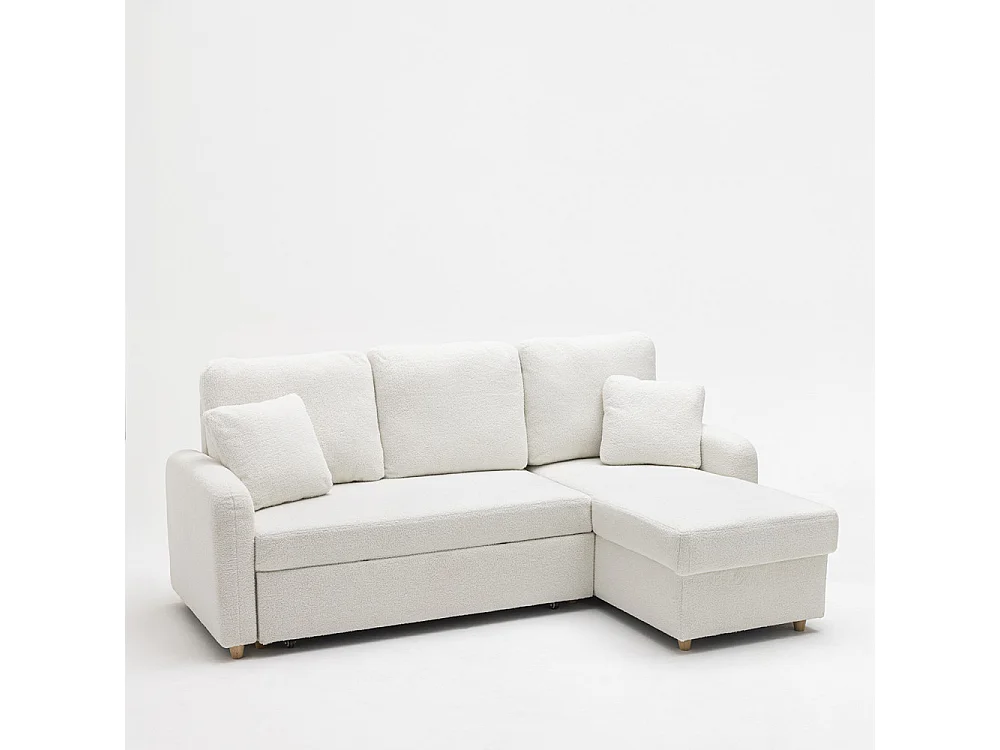 Matera - Canapé d'angle réversible convertible 3 places en tissu bouclette avec coffre - Blanc