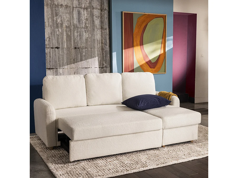 Matera - Canapé d'angle réversible convertible 3 places en tissu bouclette avec coffre - Blanc