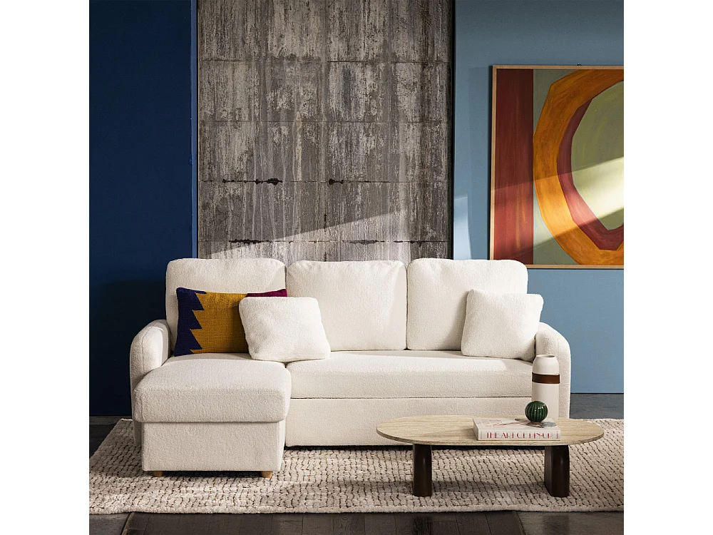 Matera - Canapé d'angle réversible convertible 3 places en tissu bouclette avec coffre - Blanc