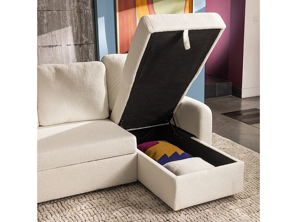 Matera - Canapé d'angle réversible convertible 3 places en tissu bouclette avec coffre - Blanc