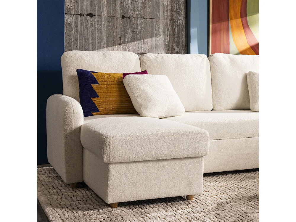 Matera - Canapé d'angle réversible convertible 3 places en tissu bouclette avec coffre - Blanc