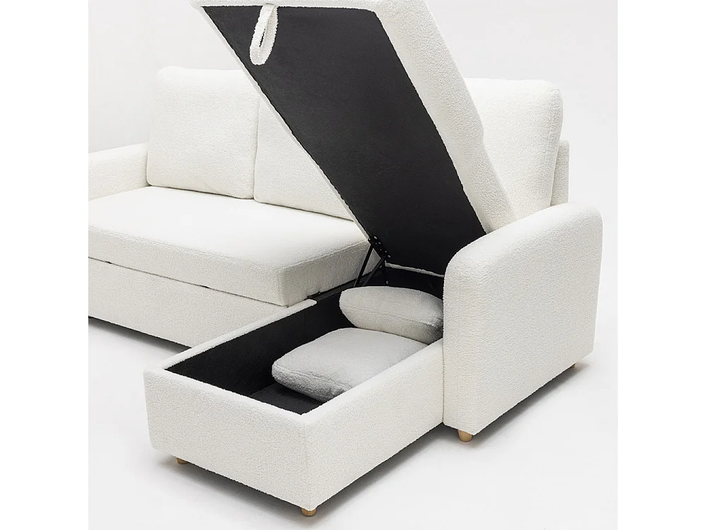Matera - Canapé d'angle réversible convertible 3 places en tissu bouclette avec coffre - Blanc