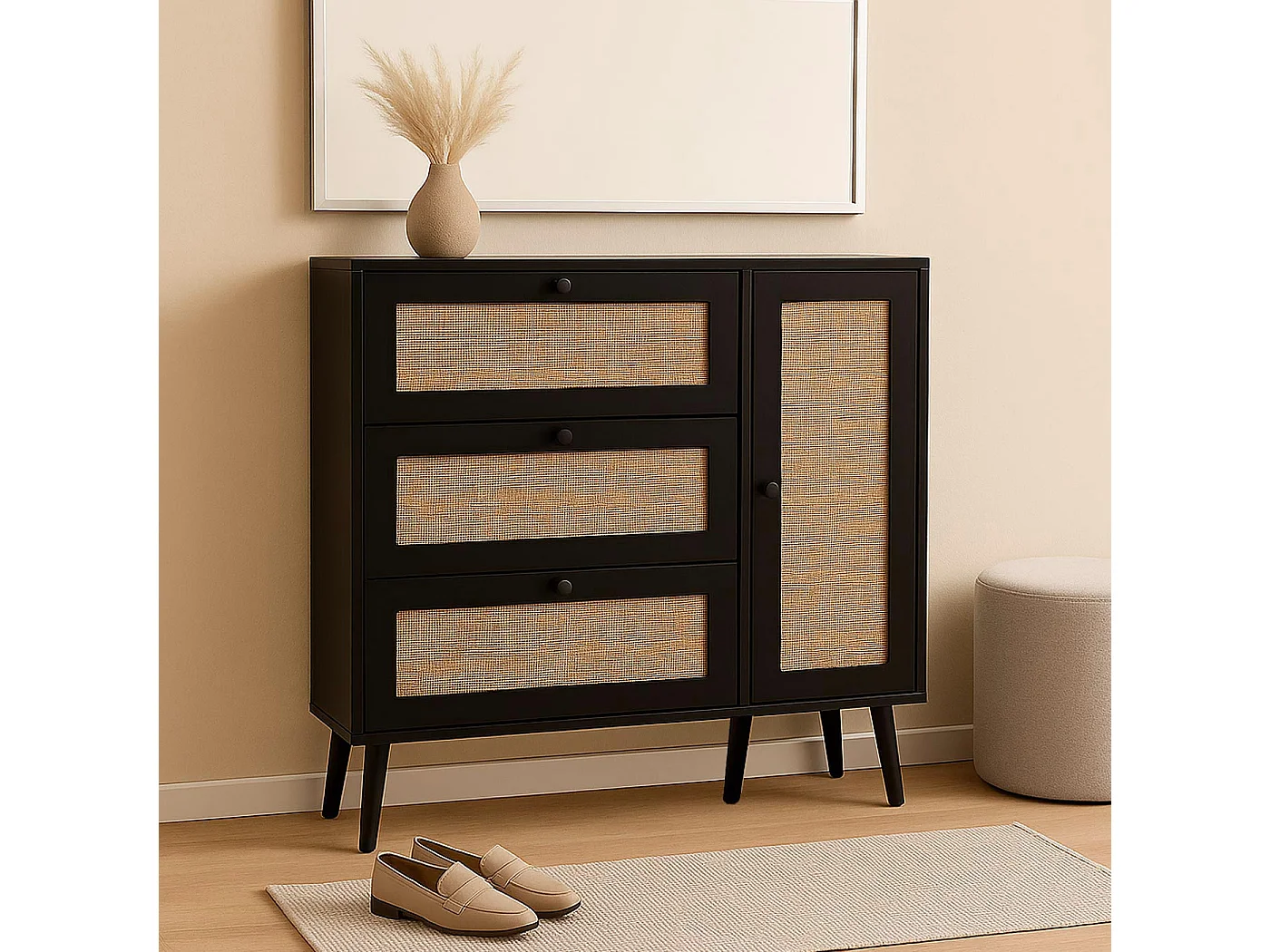 Meuble à chaussures en rotin MCW-M37,  noir