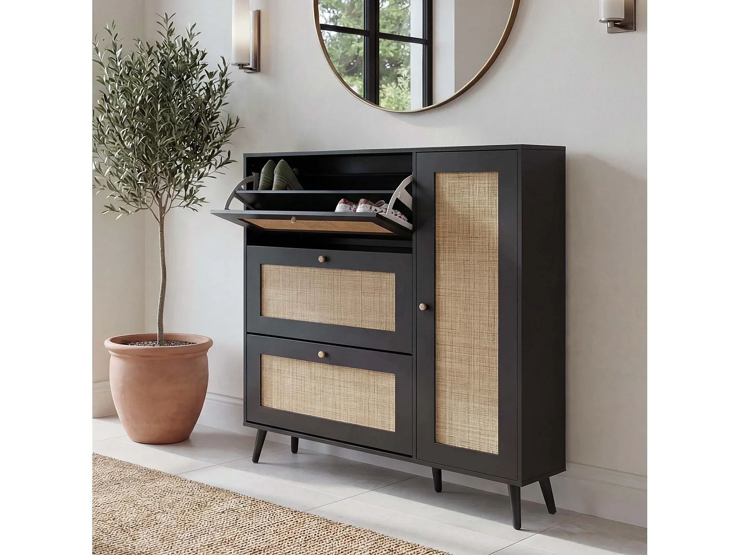 Meuble à chaussures en rotin MCW-M37,  noir