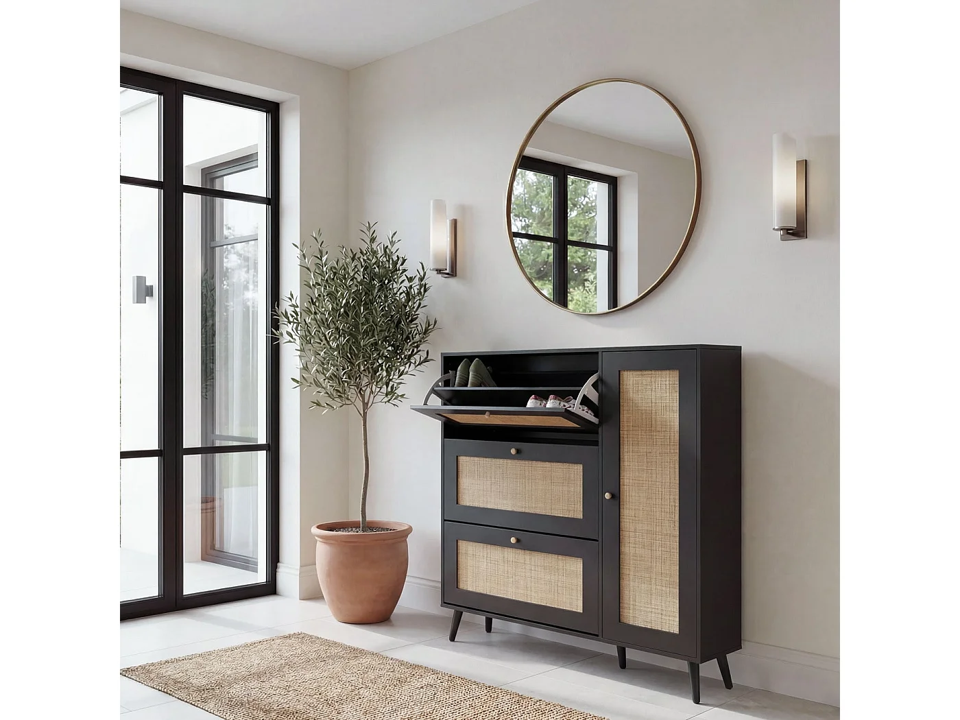 Meuble à chaussures en rotin MCW-M37,  noir