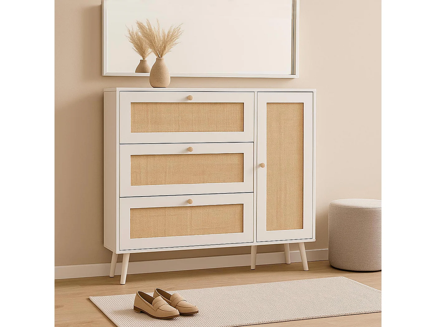 Meuble à chaussures en rotin MCW-M37,  blanc