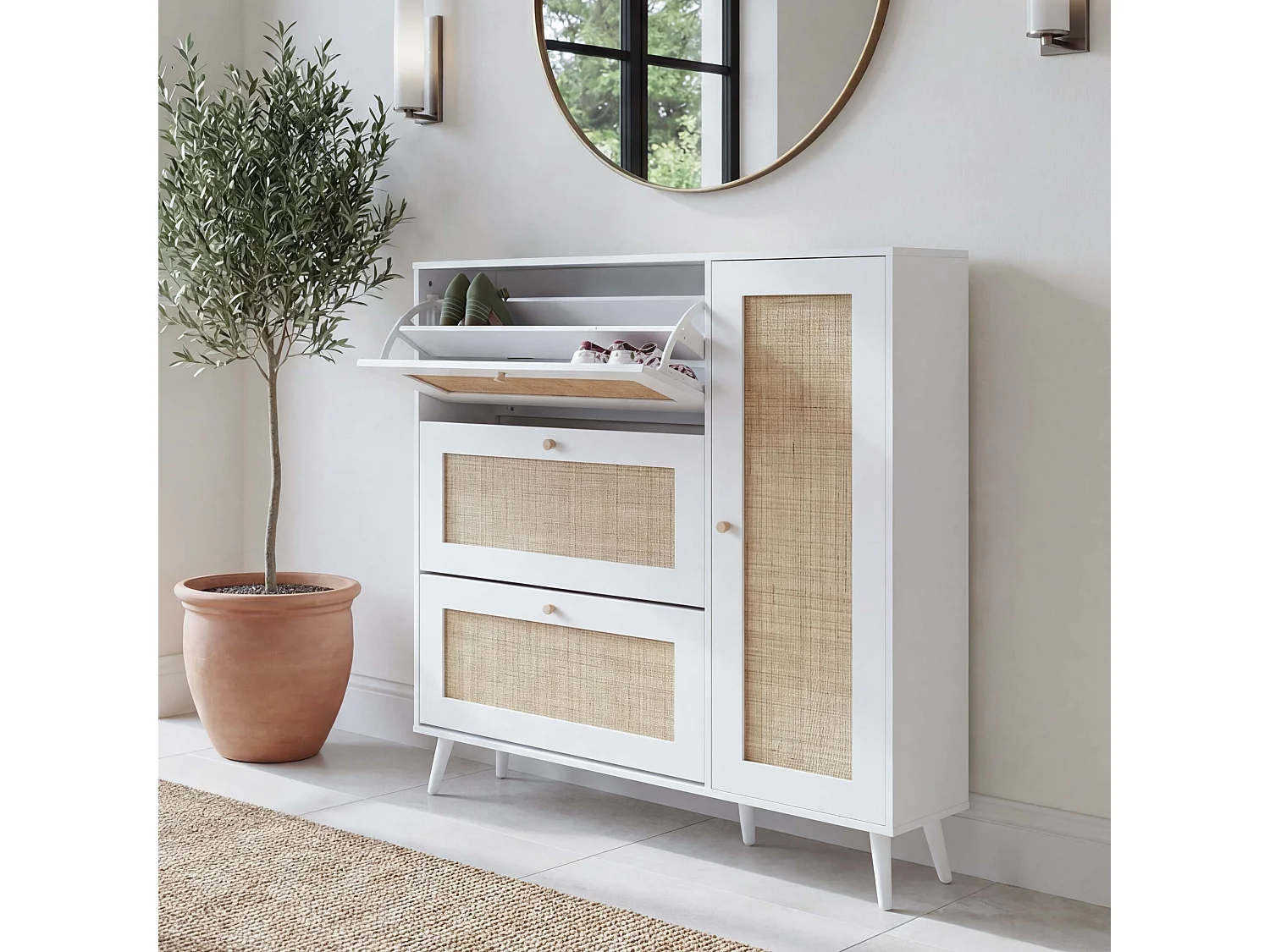 Meuble à chaussures en rotin MCW-M37,  blanc