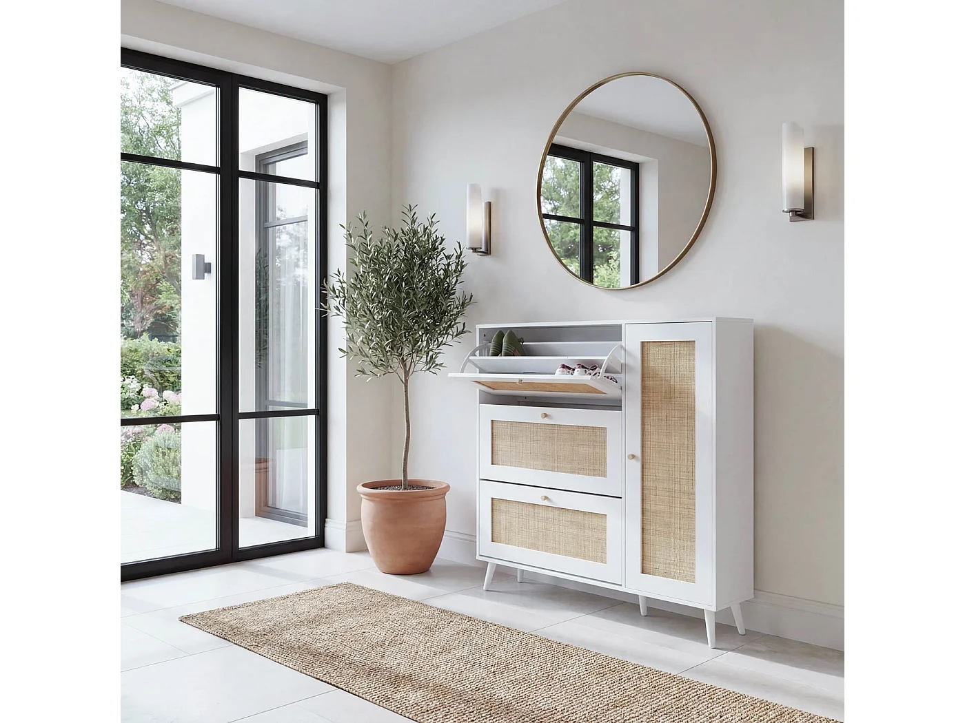 Meuble à chaussures en rotin MCW-M37,  blanc