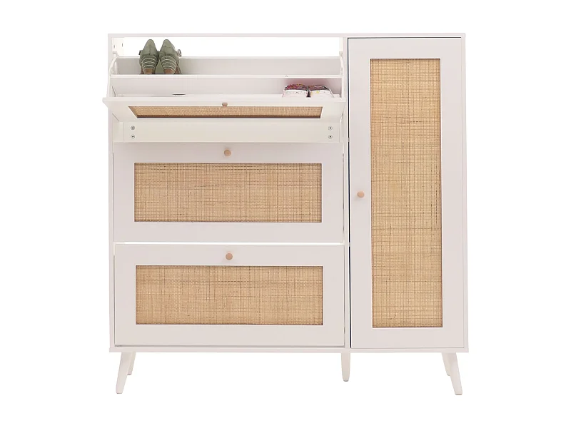 Scarpiera in rattan MCW-M37, 3 scomparti ribaltabili 2 ripiani 127x120x24cm legno melaminico bianco